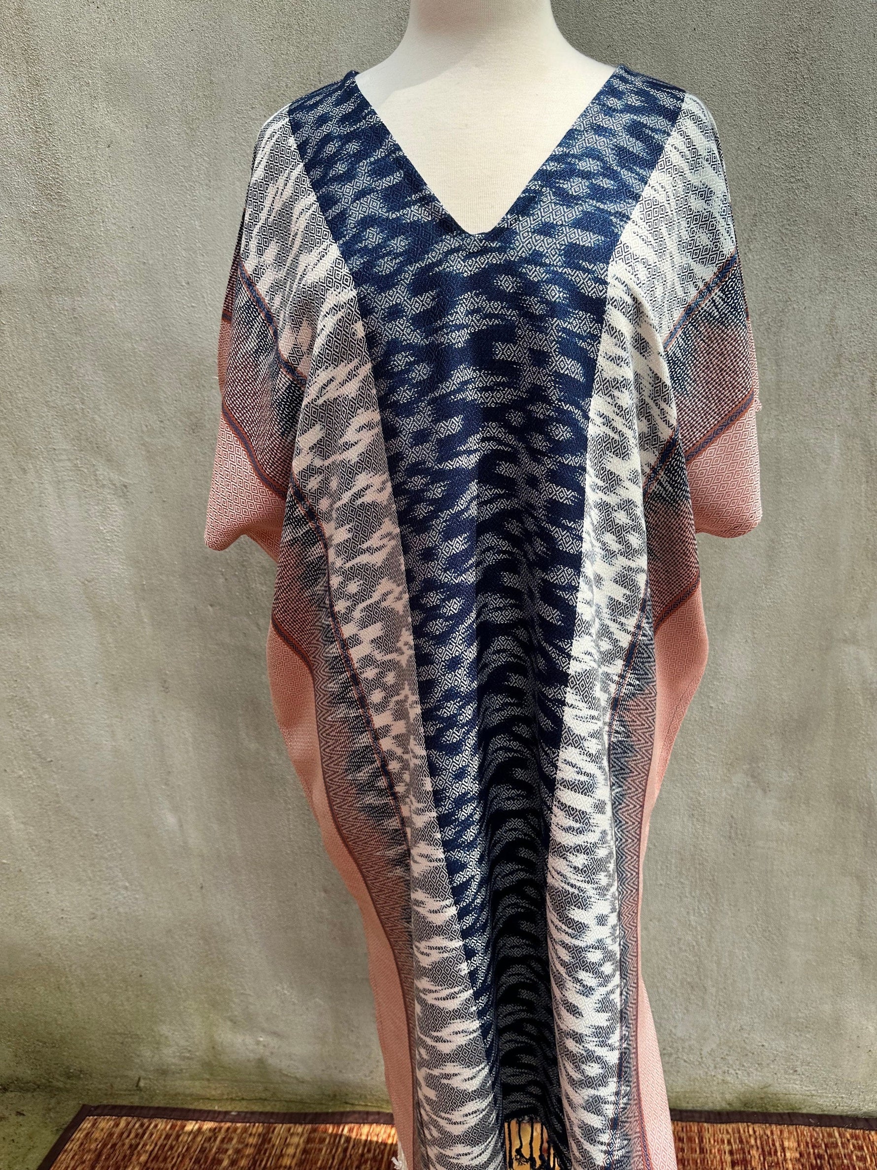 MALA handworks  Ikat Hand Woven Pattern Kaftan in Indigo Blue with Pink and White