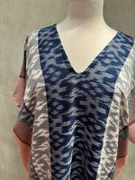 MALA handworks  Ikat Hand Woven Pattern Kaftan in Indigo Blue with Pink and White