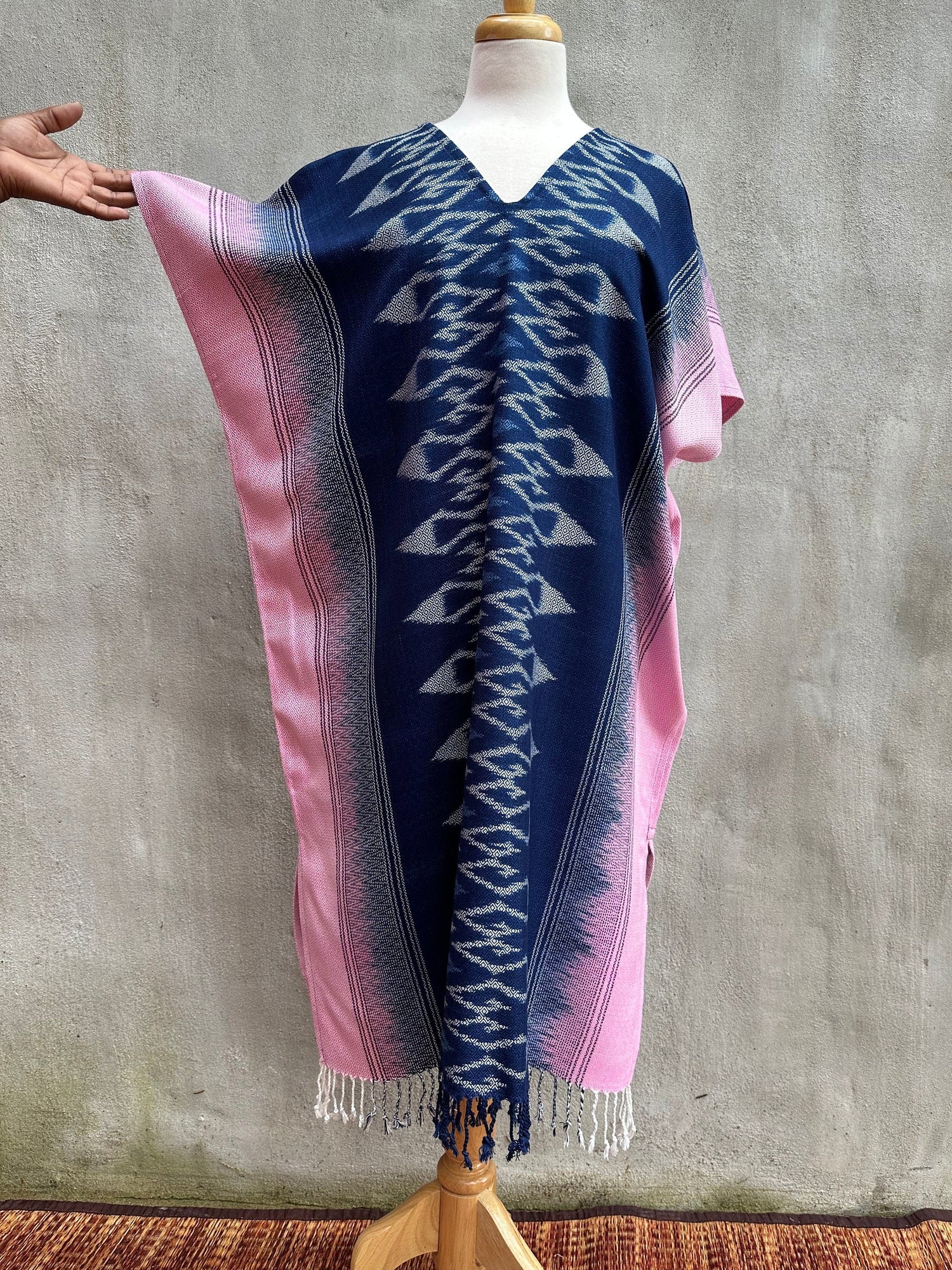 MALA handworks  Ikat Hand Woven Pattern Kaftan in Indigo Blue with Pink and White