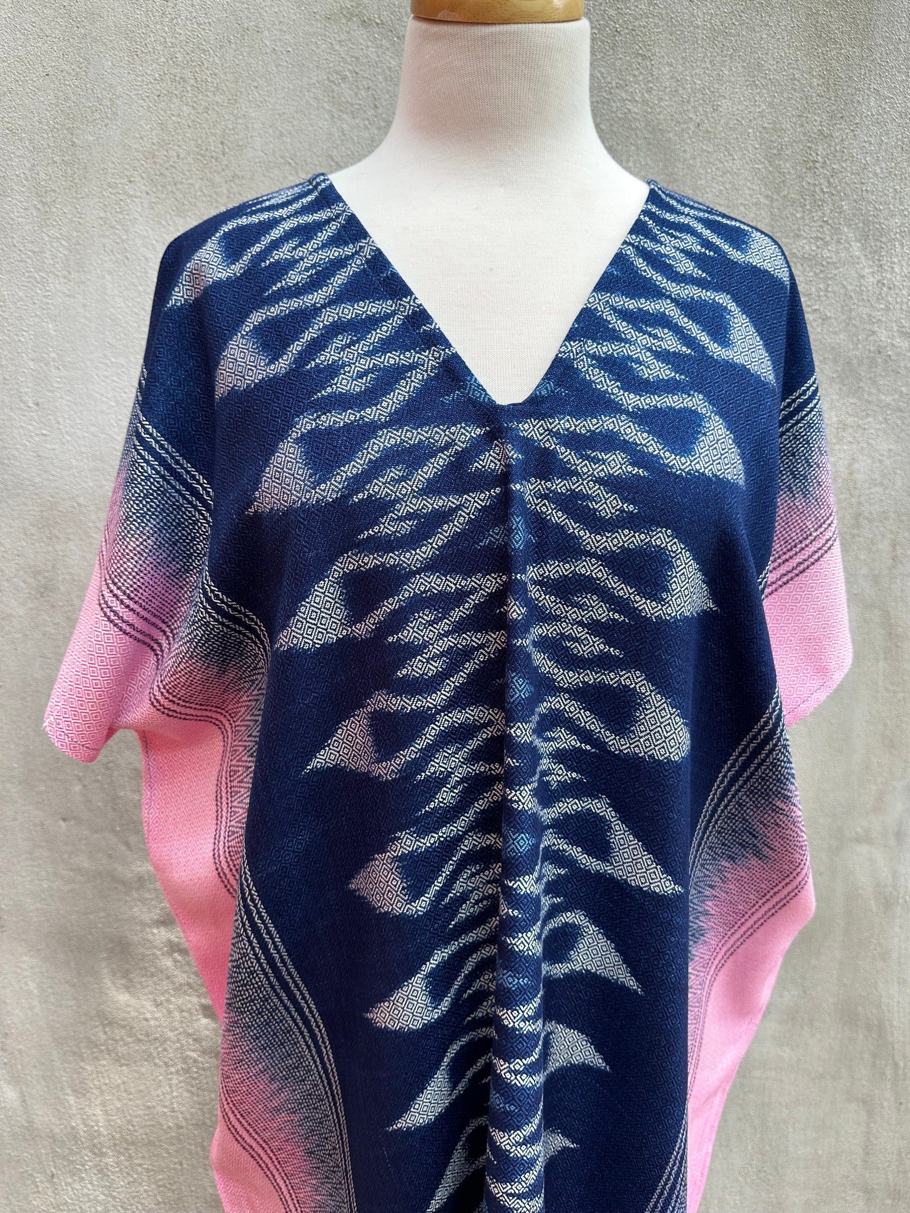 MALA handworks  Ikat Hand Woven Pattern Kaftan in Indigo Blue with Pink and White