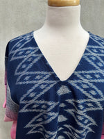 MALA handworks  Ikat Hand Woven Pattern Kaftan in Indigo Blue with Pink and White