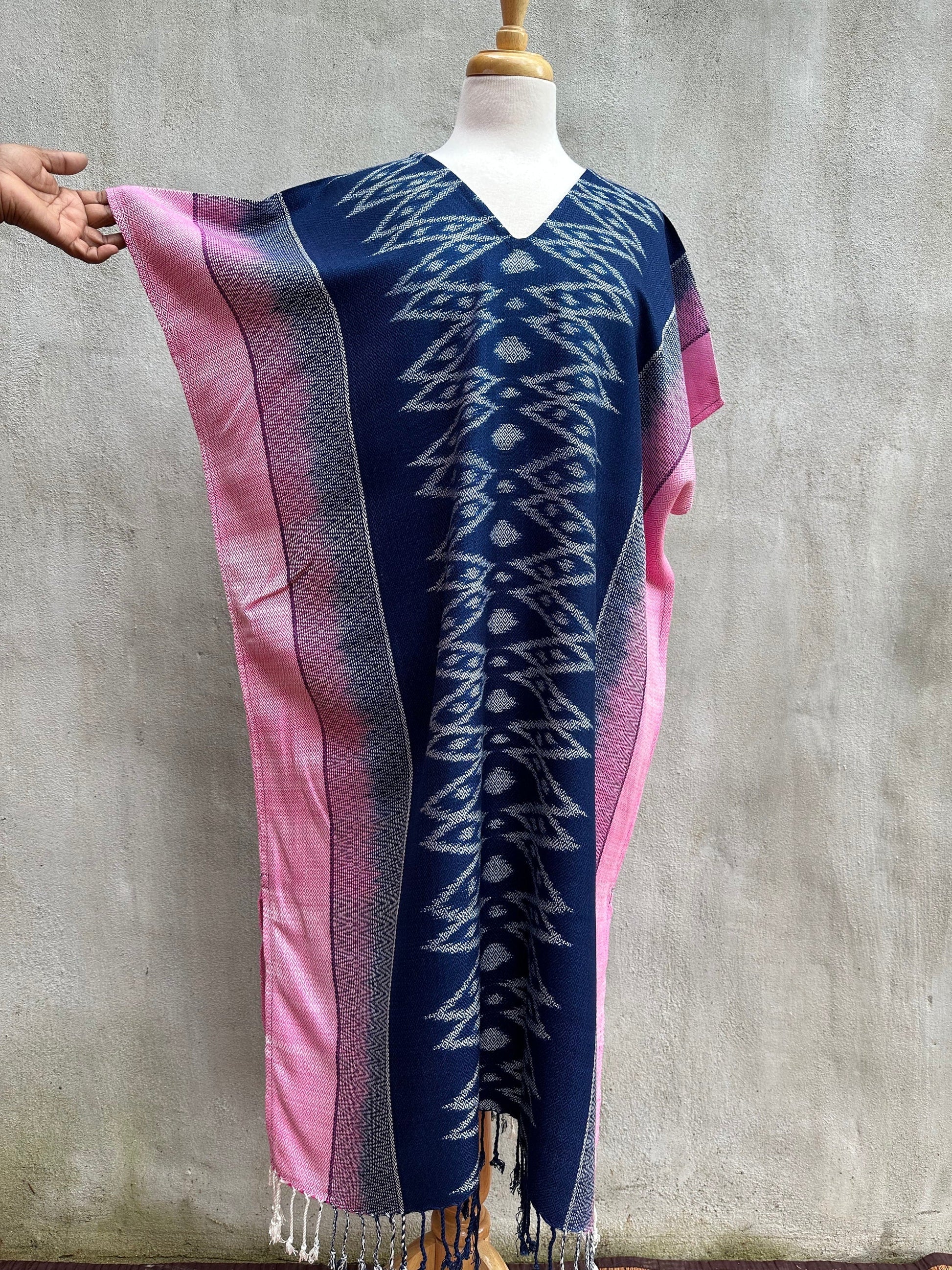 MALA handworks  Ikat Hand Woven Pattern Kaftan in Indigo Blue with Pink and White