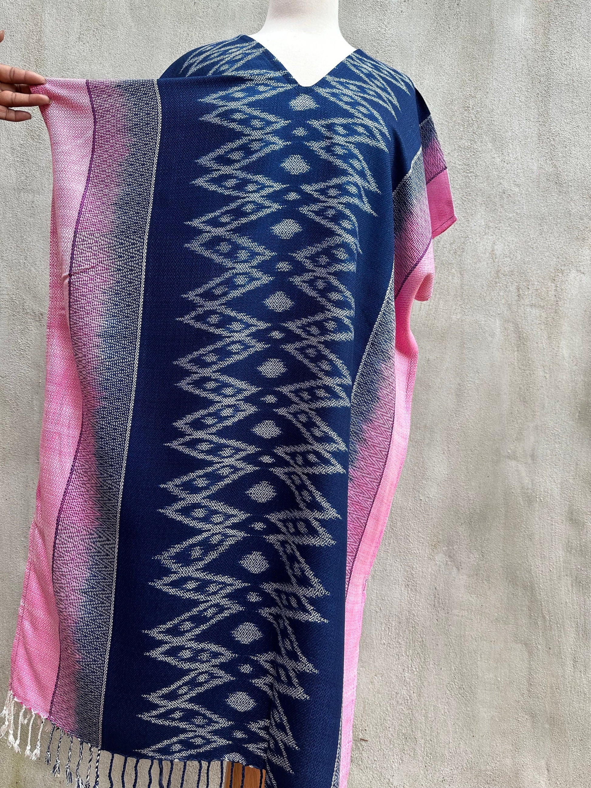 MALA handworks  Ikat Hand Woven Pattern Kaftan in Indigo Blue with Pink and White