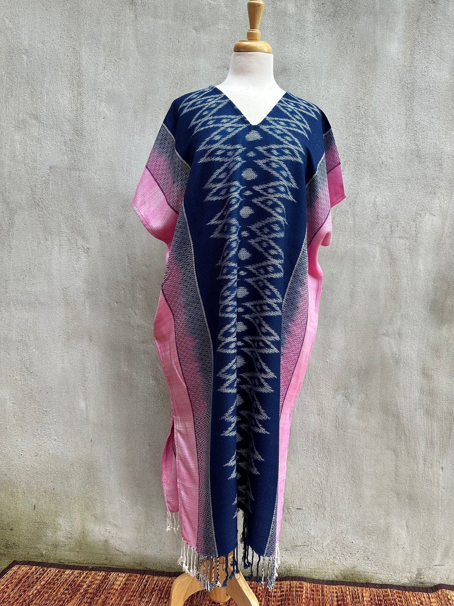 MALA handworks  Ikat Hand Woven Pattern Kaftan in Indigo Blue with Pink and White