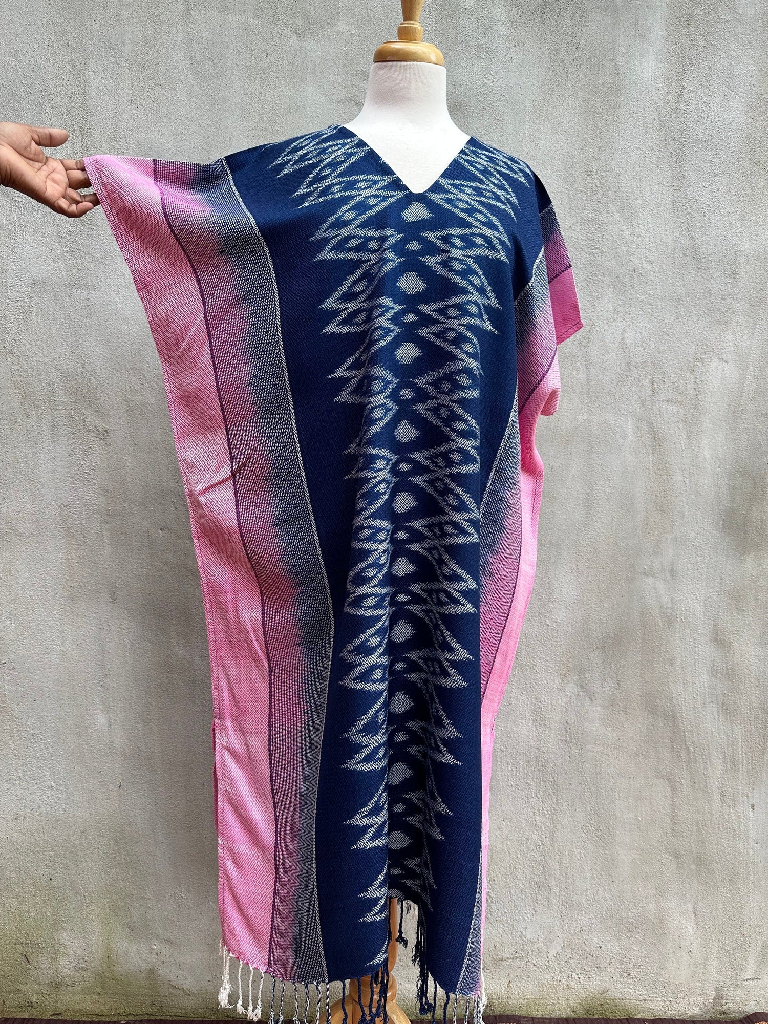 MALA handworks  Ikat Hand Woven Pattern Kaftan in Indigo Blue with Pink and White