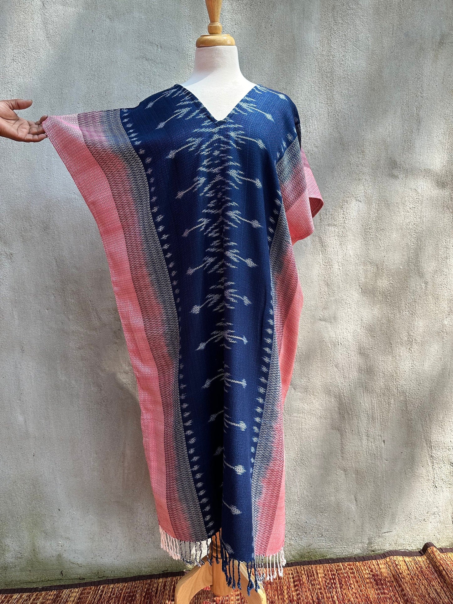 MALA handworks  Ikat Hand Woven Pattern Kaftan in Indigo Blue with Pink and White