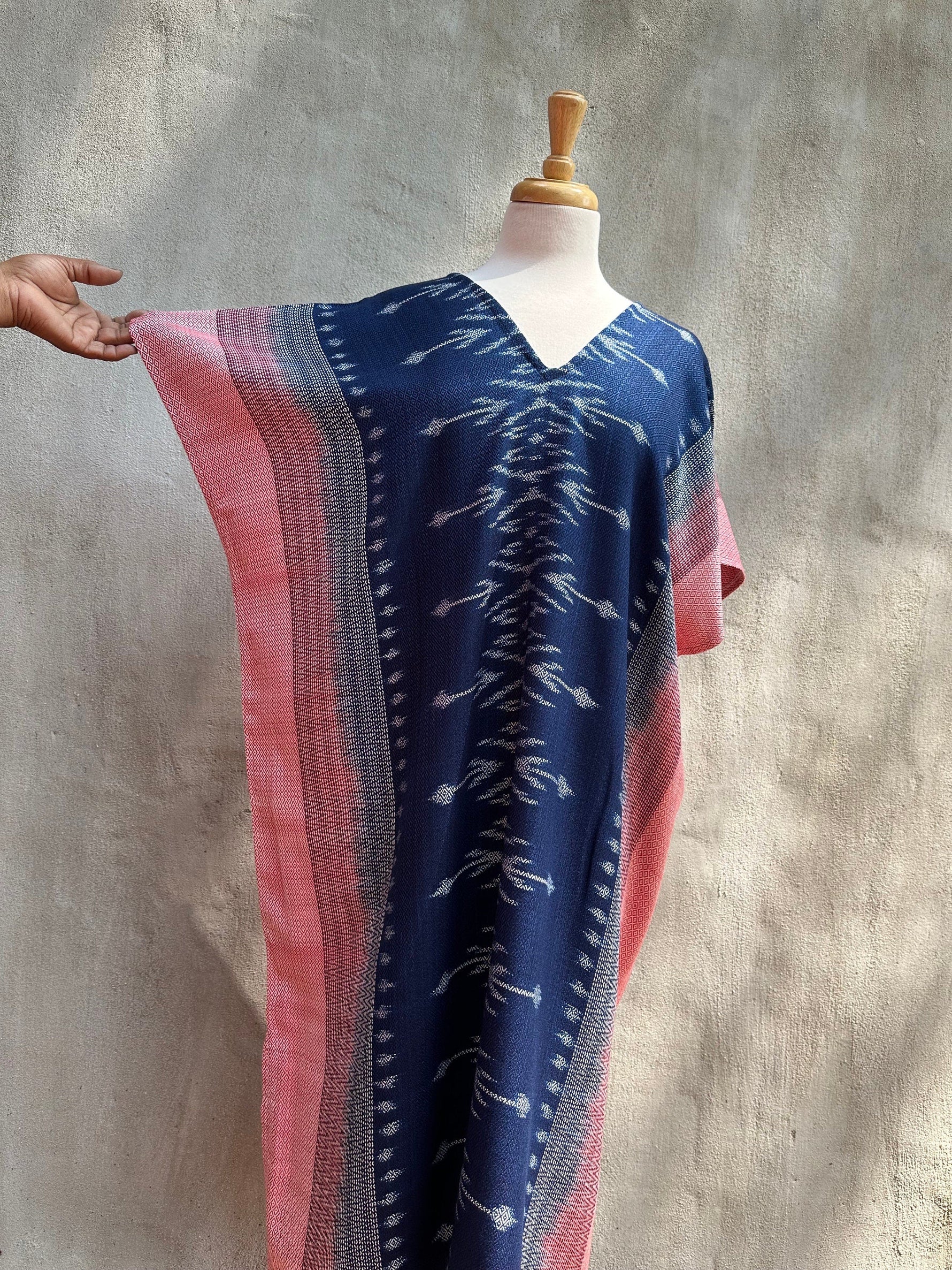 MALA handworks  Ikat Hand Woven Pattern Kaftan in Indigo Blue with Pink and White