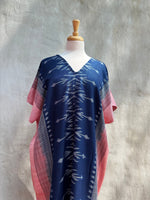 MALA handworks  Ikat Hand Woven Pattern Kaftan in Indigo Blue with Pink and White
