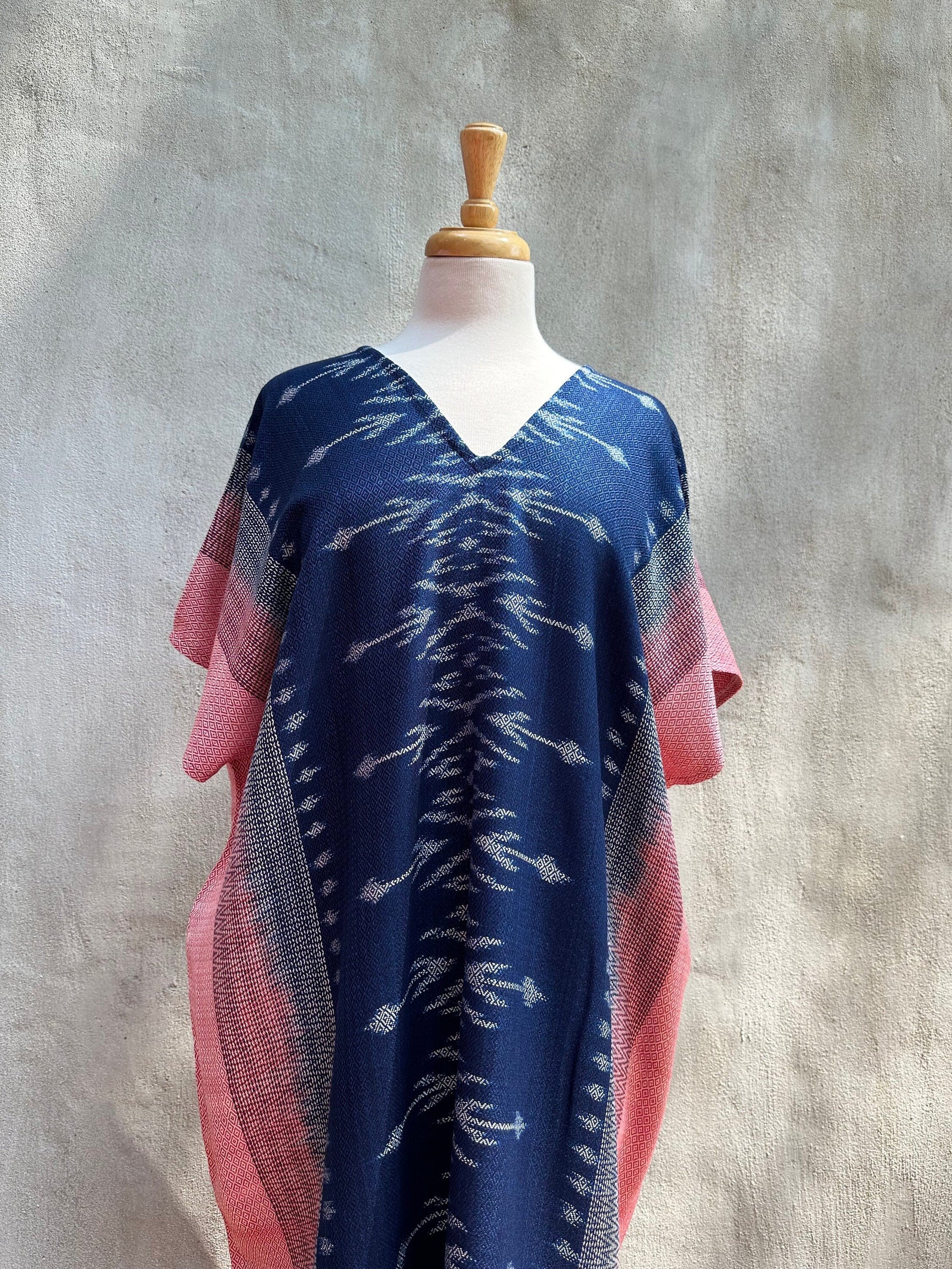 MALA handworks  Ikat Hand Woven Pattern Kaftan in Indigo Blue with Pink and White