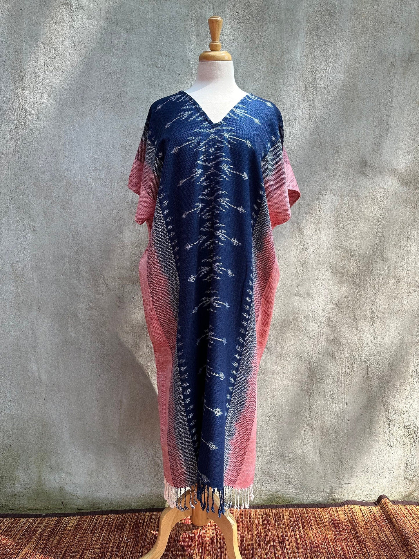 MALA handworks  Ikat Hand Woven Pattern Kaftan in Indigo Blue with Pink and White