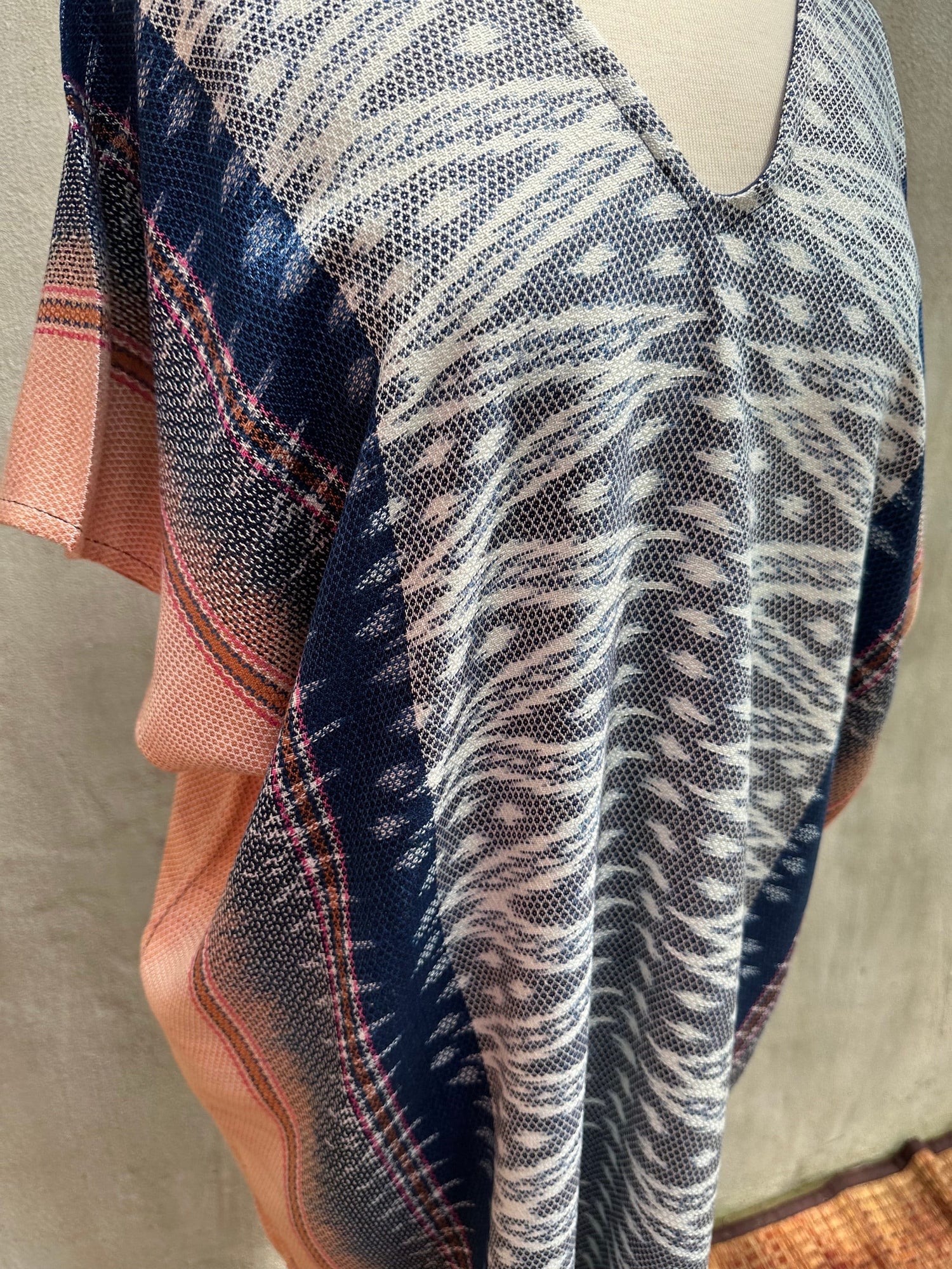 MALA handworks  Ikat Hand Woven Pattern Kaftan in Indigo Blue with Salmon Pink and White