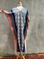 MALA handworks  Ikat Hand Woven Pattern Kaftan in Indigo Blue with Salmon Pink and White