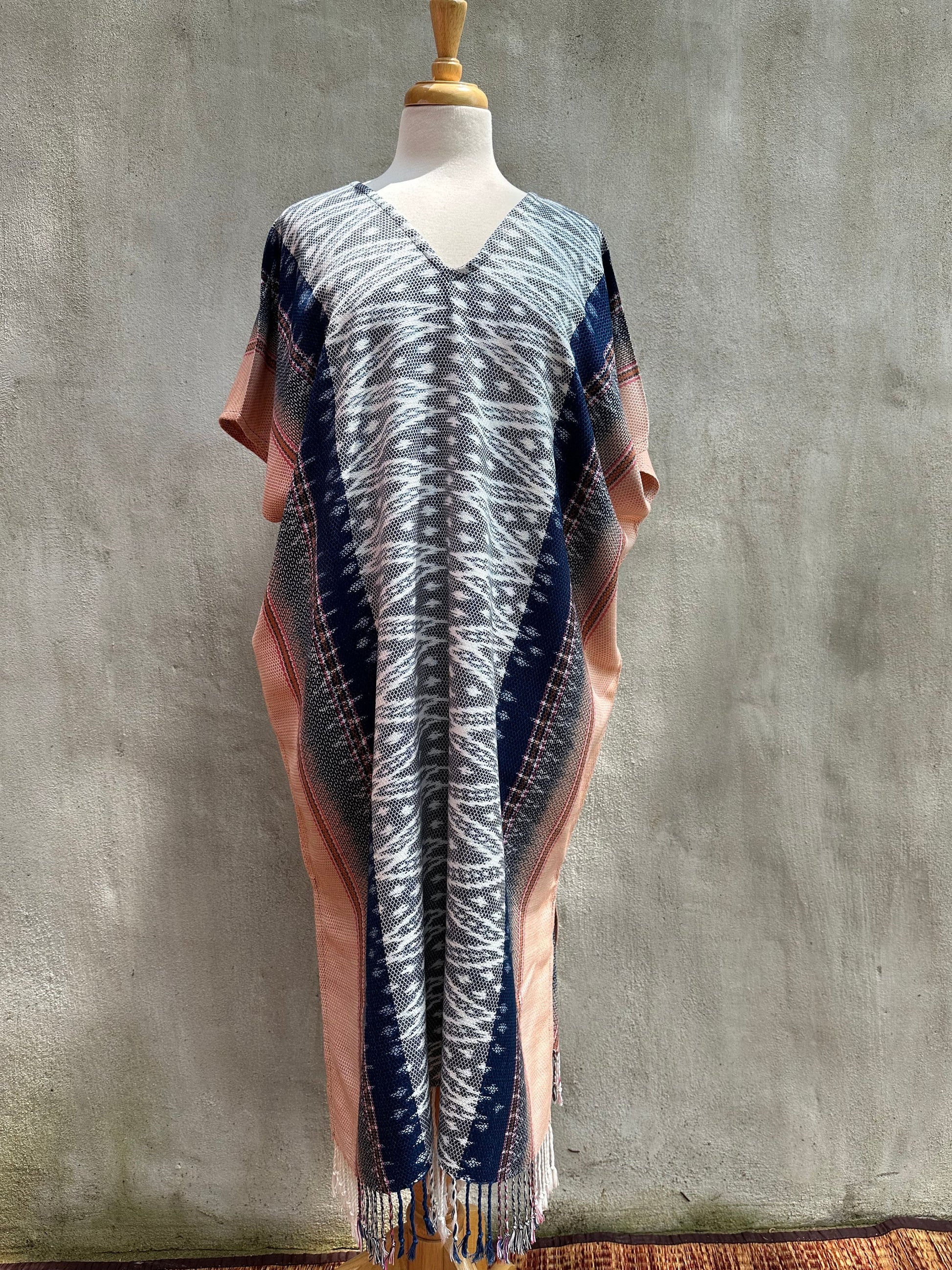 MALA handworks  Ikat Hand Woven Pattern Kaftan in Indigo Blue with Salmon Pink and White