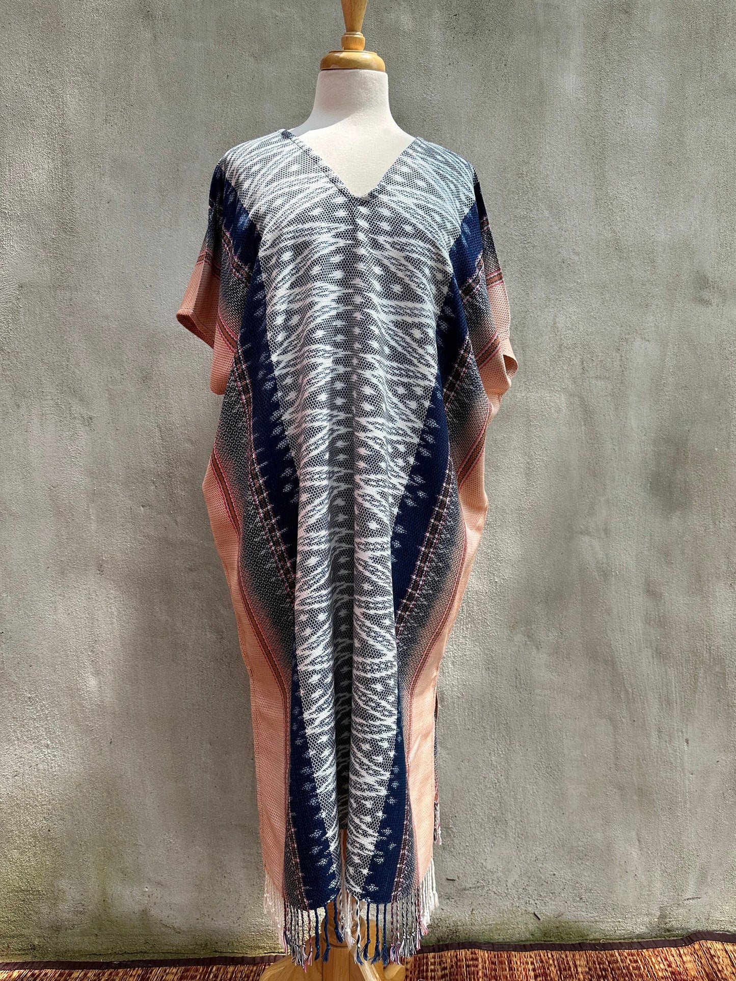 MALA handworks  Ikat Hand Woven Pattern Kaftan in Indigo Blue with Salmon Pink and White