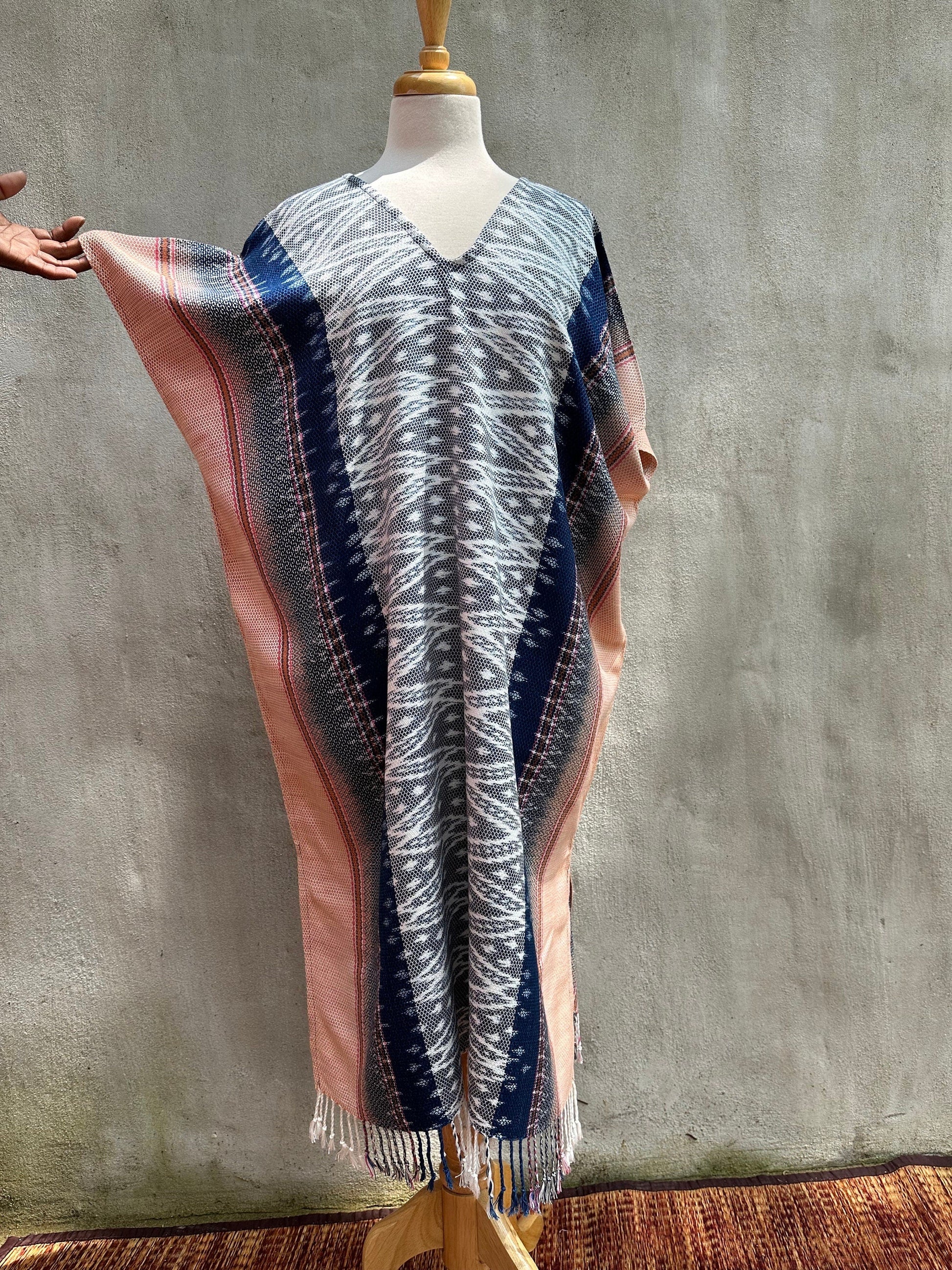 MALA handworks  Ikat Hand Woven Pattern Kaftan in Indigo Blue with Salmon Pink and White
