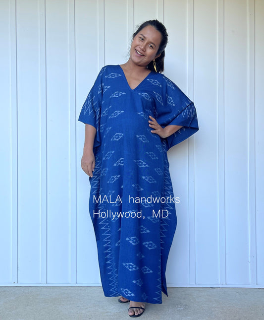 MALA handworks  Ikat Hand Woven Pattern Kaftan in Indigo Blue with White and Organic Dye