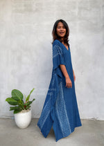 MALA handworks  Ikat Hand Woven Pattern Kaftan in Indigo Blue with White and Organic Dye