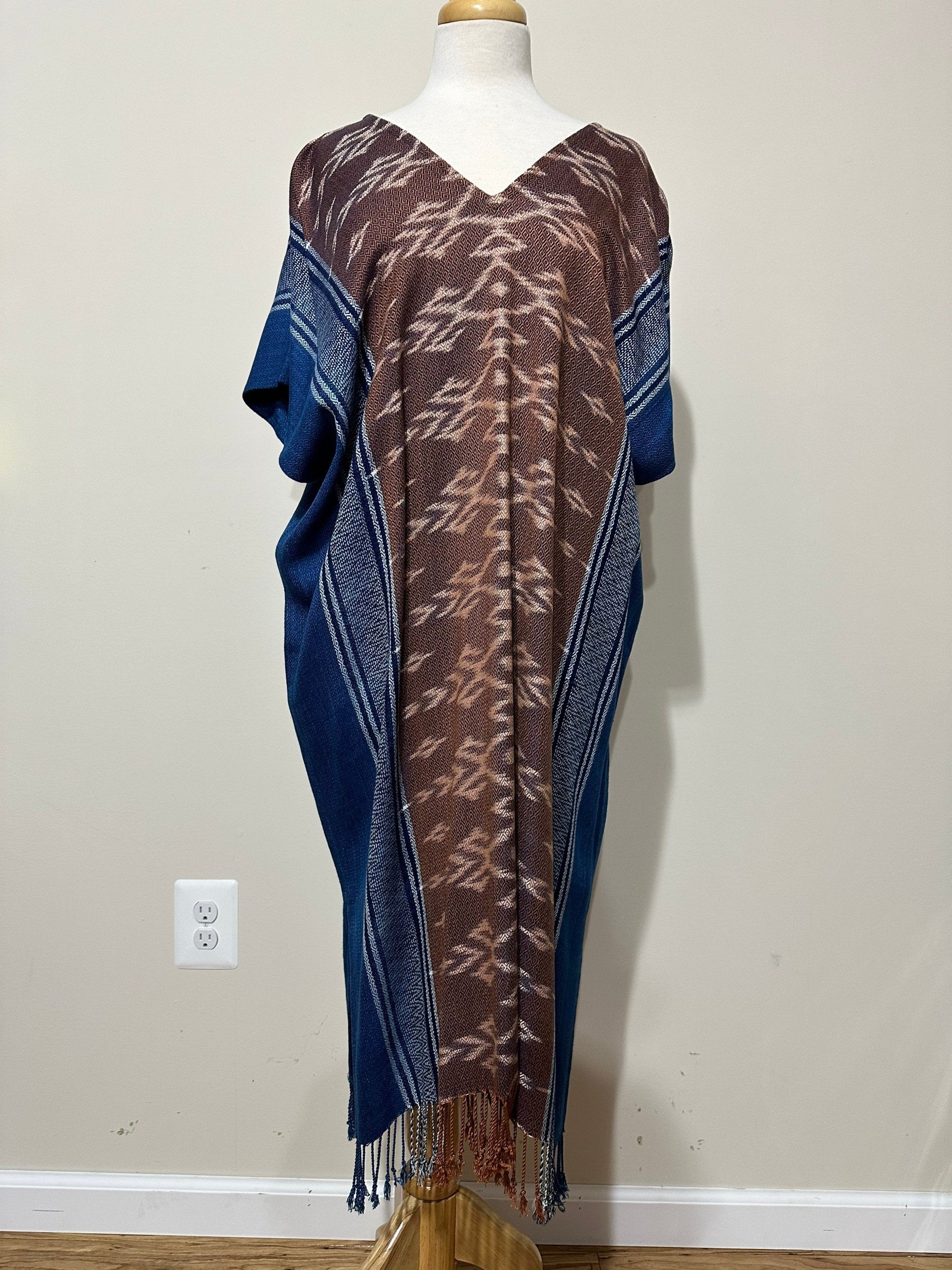 MALA handworks  Ikat Hand Woven Pattern Kaftan in Indigo Blue with White and Organic Dye