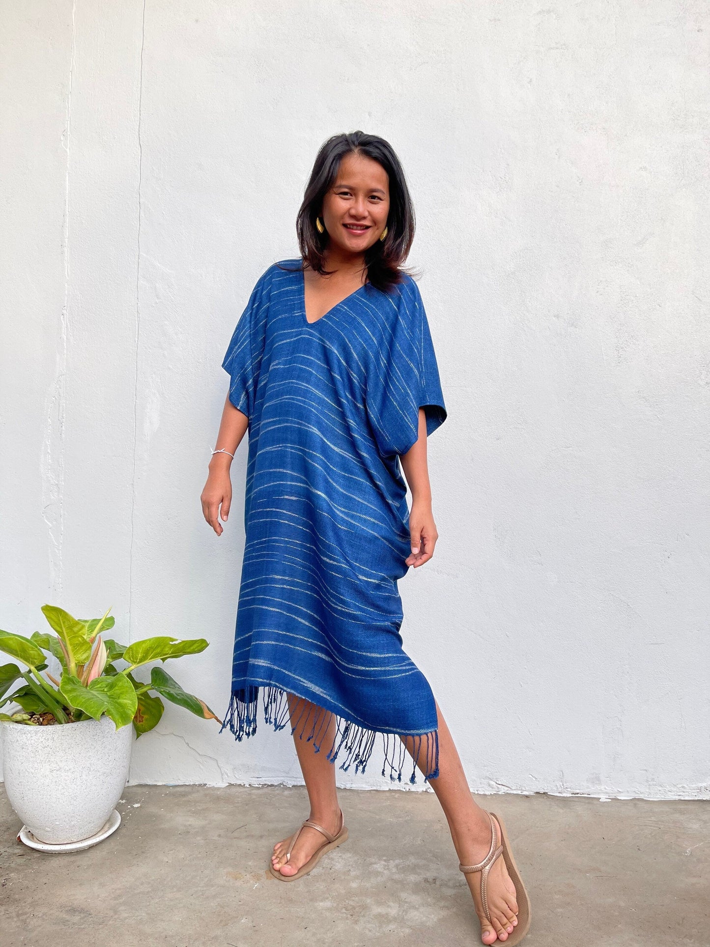 MALA handworks  Ikat Hand Woven Pattern Kaftan in Indigo Blue with White and Organic Dye