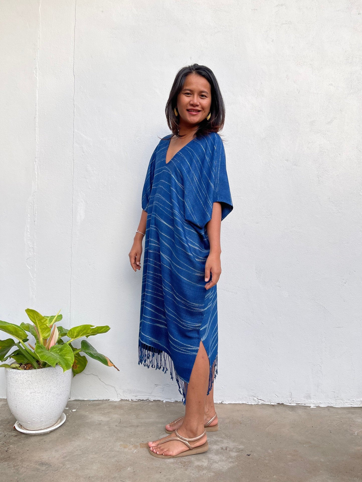 MALA handworks  Ikat Hand Woven Pattern Kaftan in Indigo Blue with White and Organic Dye