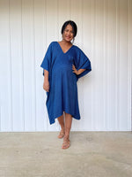 MALA handworks  Ikat Hand Woven Pattern Kaftan in Indigo Blue with White and Organic Dye