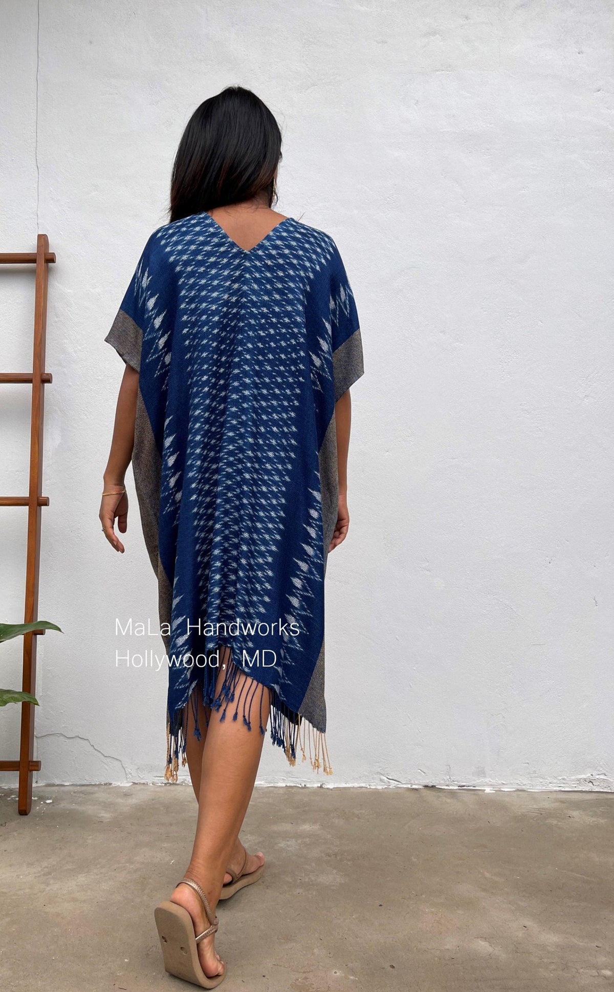 MALA handworks  Ikat Hand Woven Pattern Kaftan in Indigo Blue with White and Organic Dye