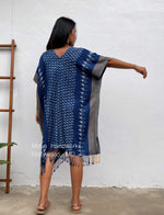 MALA handworks  Ikat Hand Woven Pattern Kaftan in Indigo Blue with White and Organic Dye