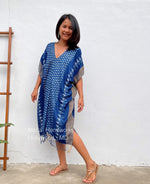 MALA handworks  Ikat Hand Woven Pattern Kaftan in Indigo Blue with White and Organic Dye