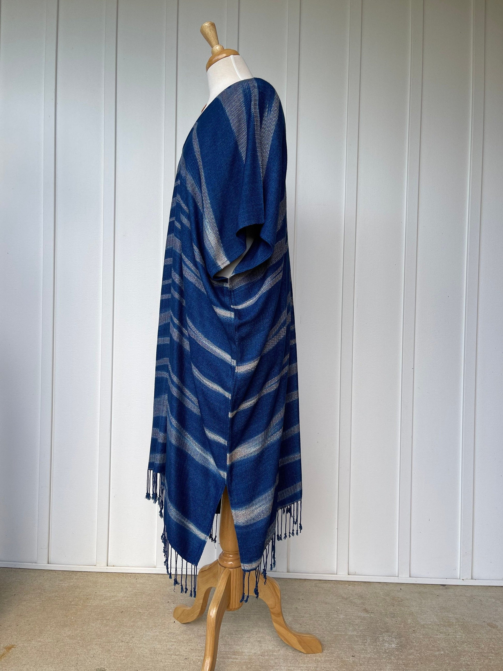 MALA handworks  Ikat Hand Woven Pattern Kaftan in Indigo Blue with White and Organic Dye