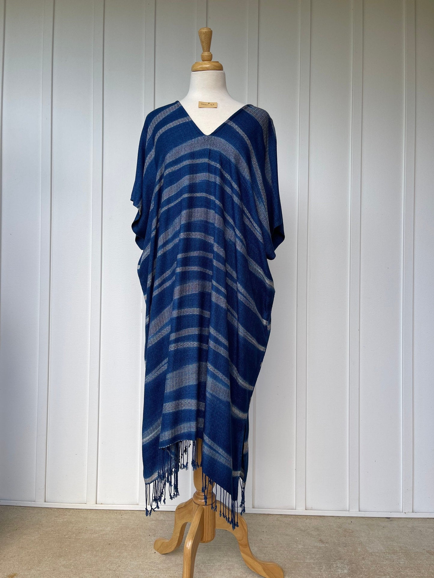 MALA handworks  Ikat Hand Woven Pattern Kaftan in Indigo Blue with White and Organic Dye