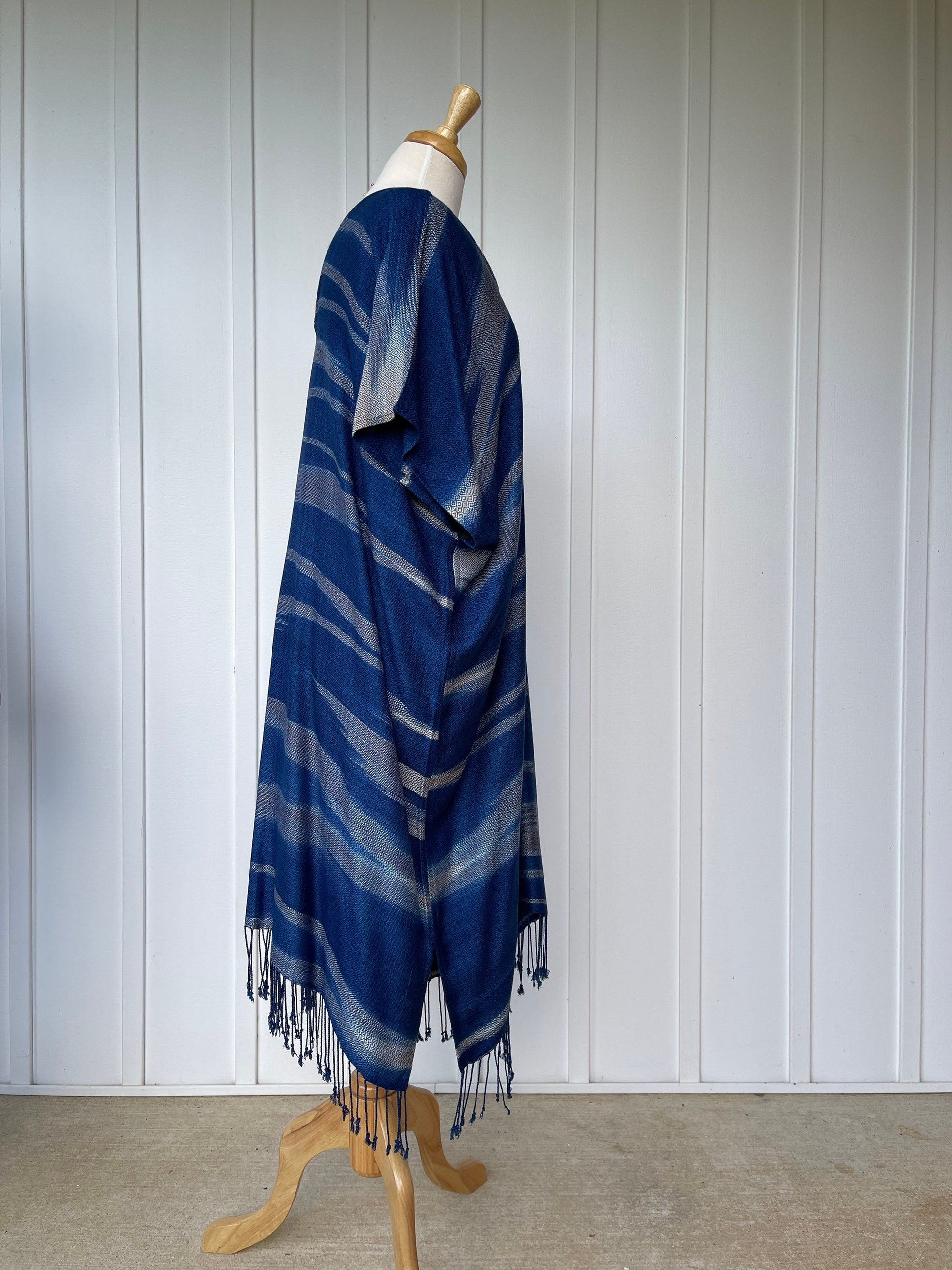 MALA handworks  Ikat Hand Woven Pattern Kaftan in Indigo Blue with White and Organic Dye