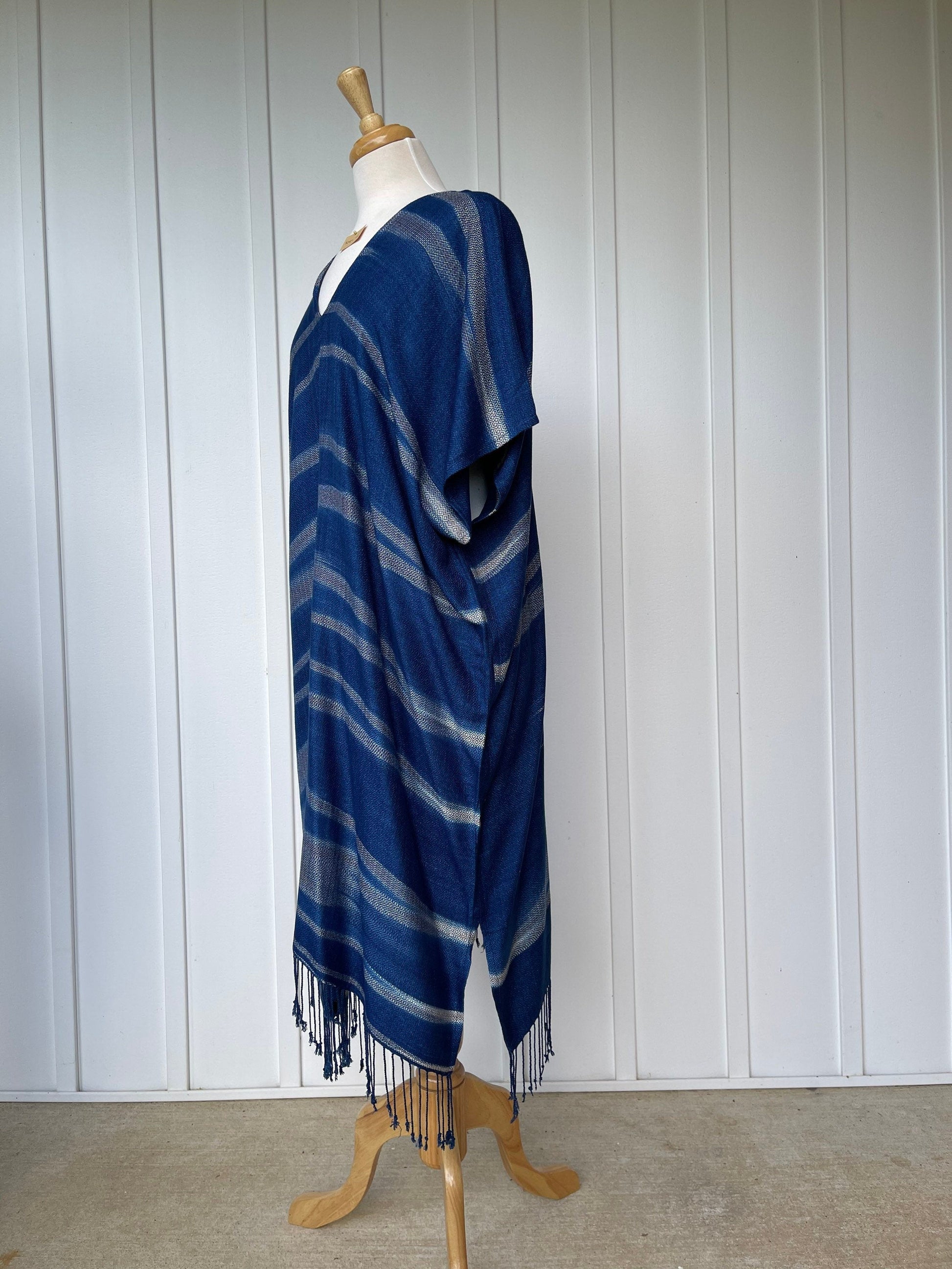 MALA handworks  Ikat Hand Woven Pattern Kaftan in Indigo Blue with White and Organic Dye