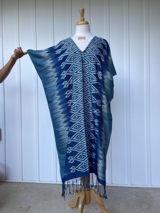 MALA handworks  Ikat Hand Woven Pattern Kaftan in Indigo Blue with White and Organic Dye