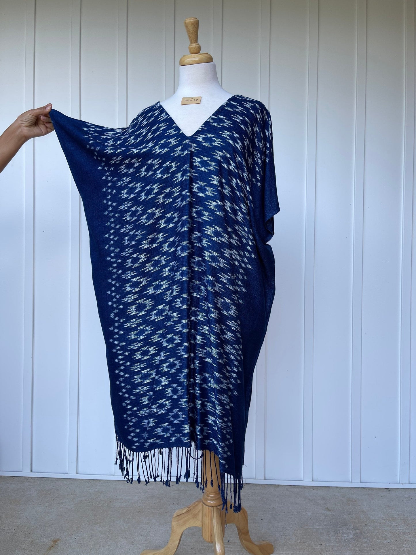 MALA handworks  Ikat Hand Woven Pattern Kaftan in Indigo Blue with White and Organic Dye