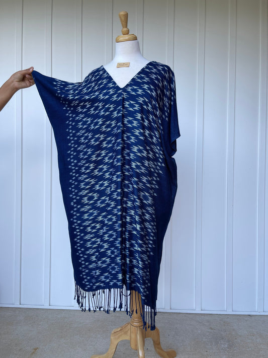 MALA handworks  Ikat Hand Woven Pattern Kaftan in Indigo Blue with White and Organic Dye