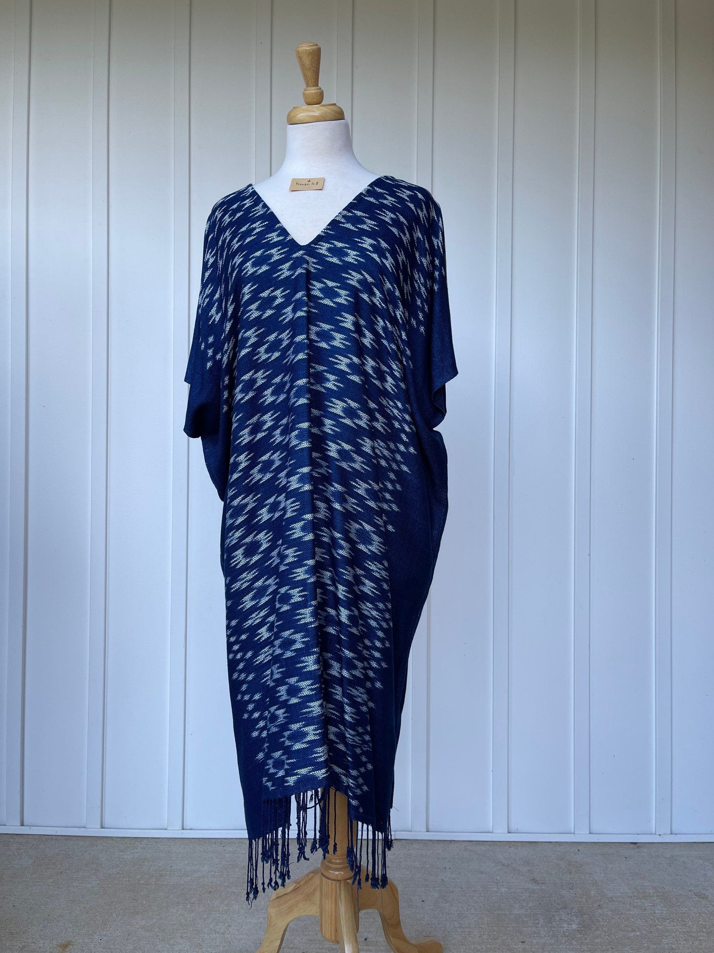 MALA handworks  Ikat Hand Woven Pattern Kaftan in Indigo Blue with White and Organic Dye