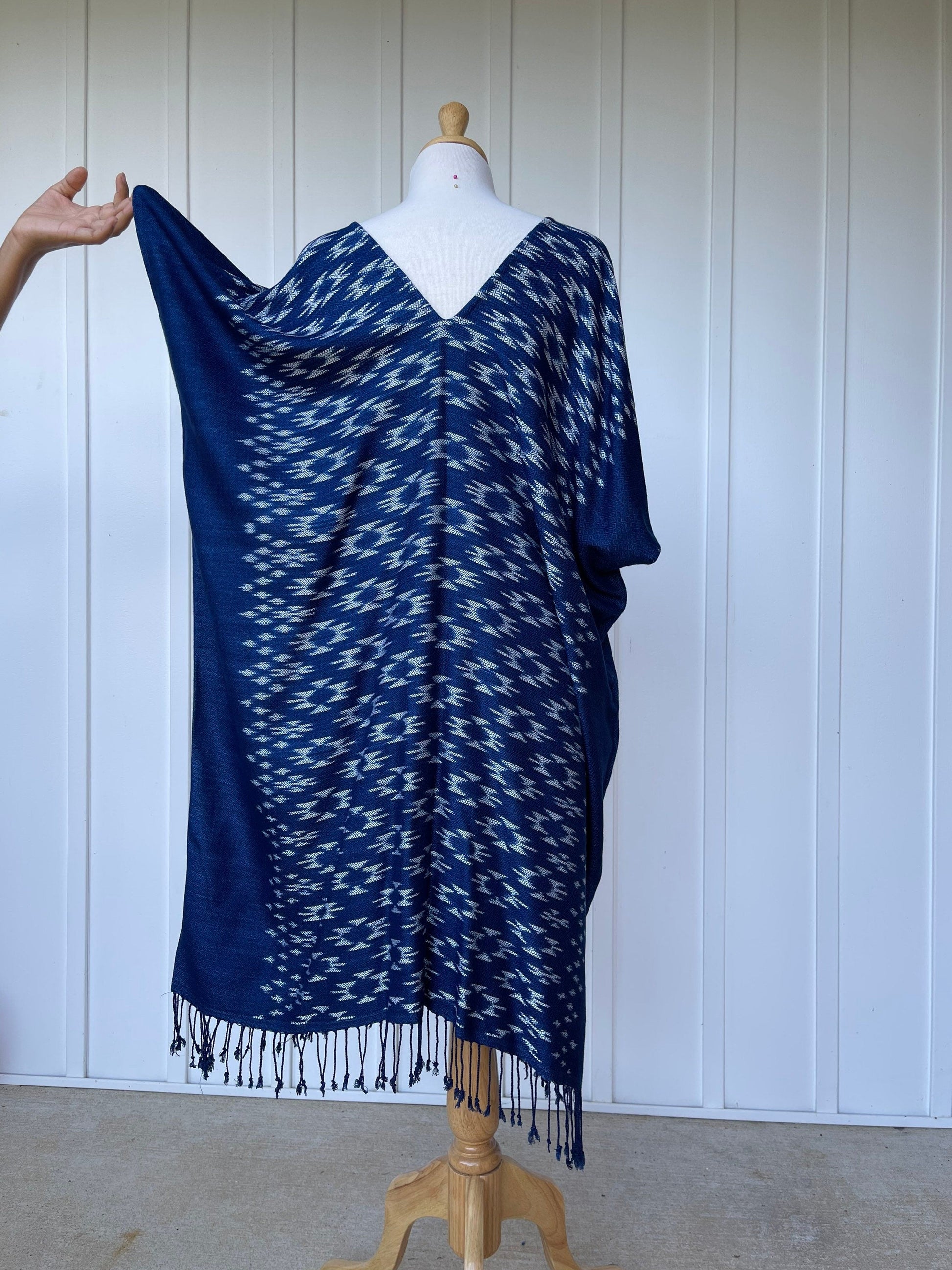 MALA handworks  Ikat Hand Woven Pattern Kaftan in Indigo Blue with White and Organic Dye