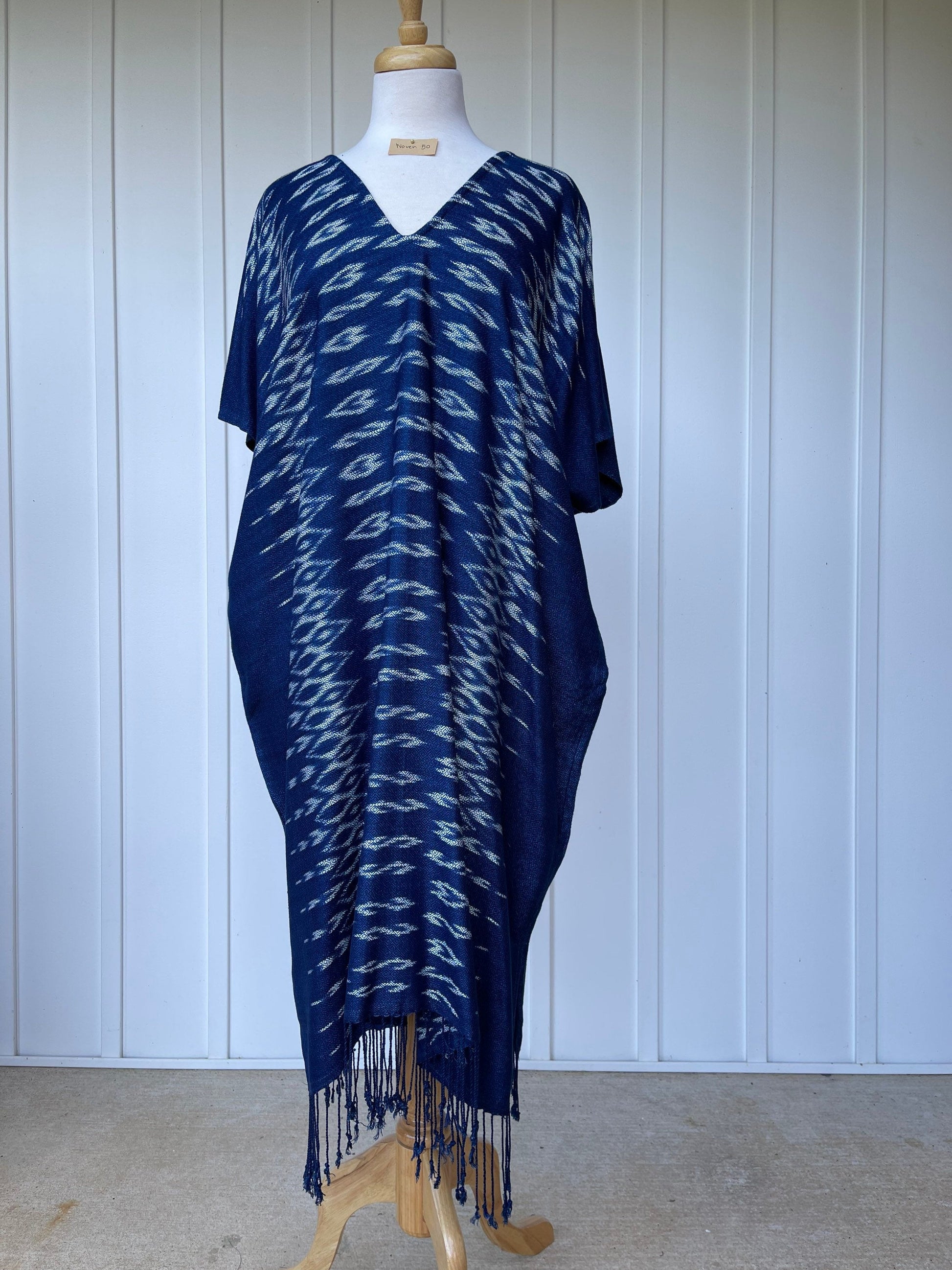 MALA handworks  Ikat Hand Woven Pattern Kaftan in Indigo Blue with White and Organic Dye