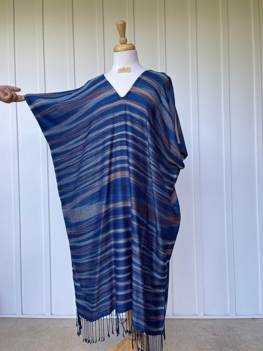 MALA handworks  Ikat Hand Woven Pattern Kaftan in Indigo Blue with White and Organic Dye