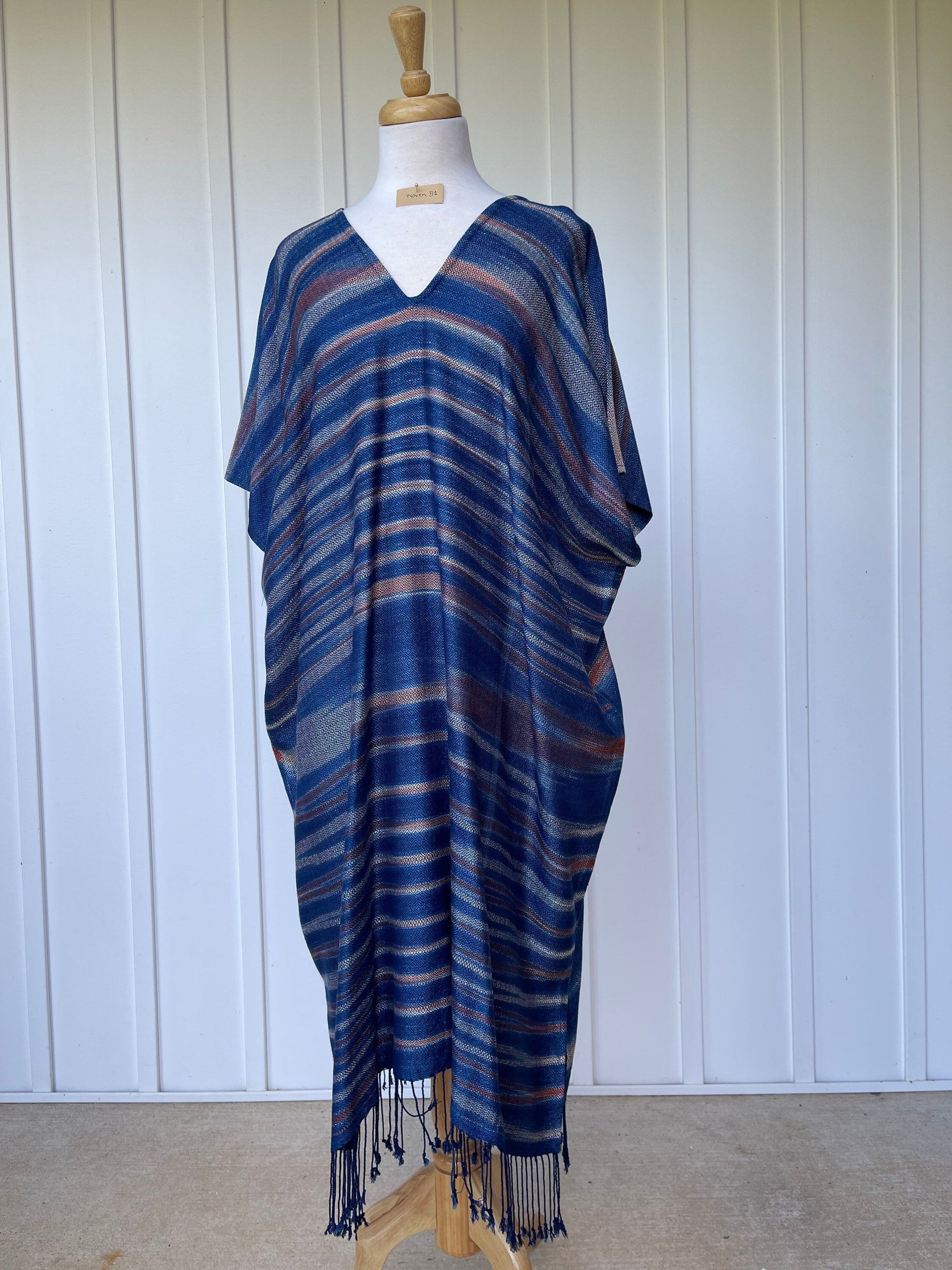 MALA handworks  Ikat Hand Woven Pattern Kaftan in Indigo Blue with White and Organic Dye