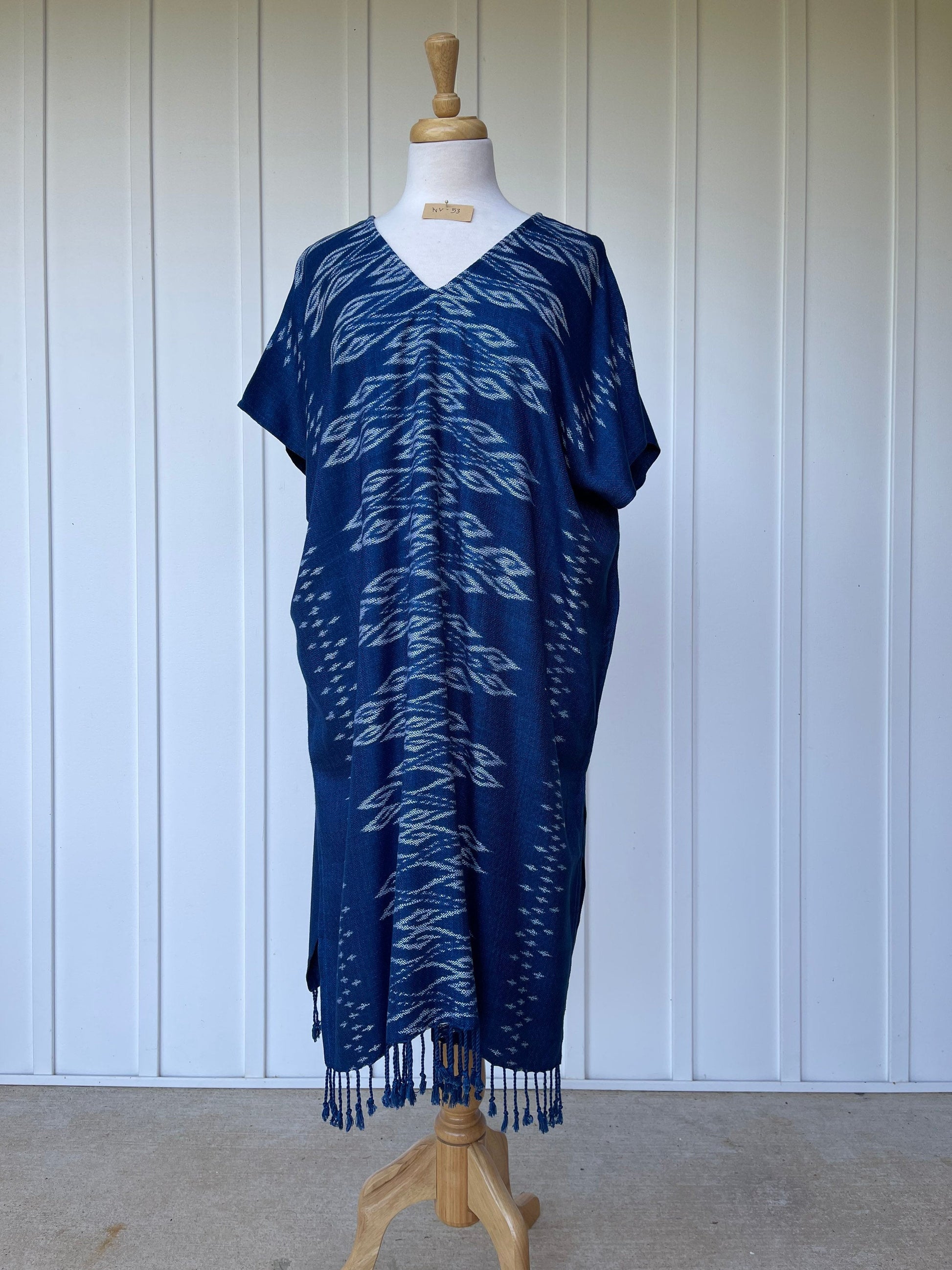 MALA handworks  Ikat Hand Woven Pattern Kaftan in Indigo Blue with White and Organic Dye