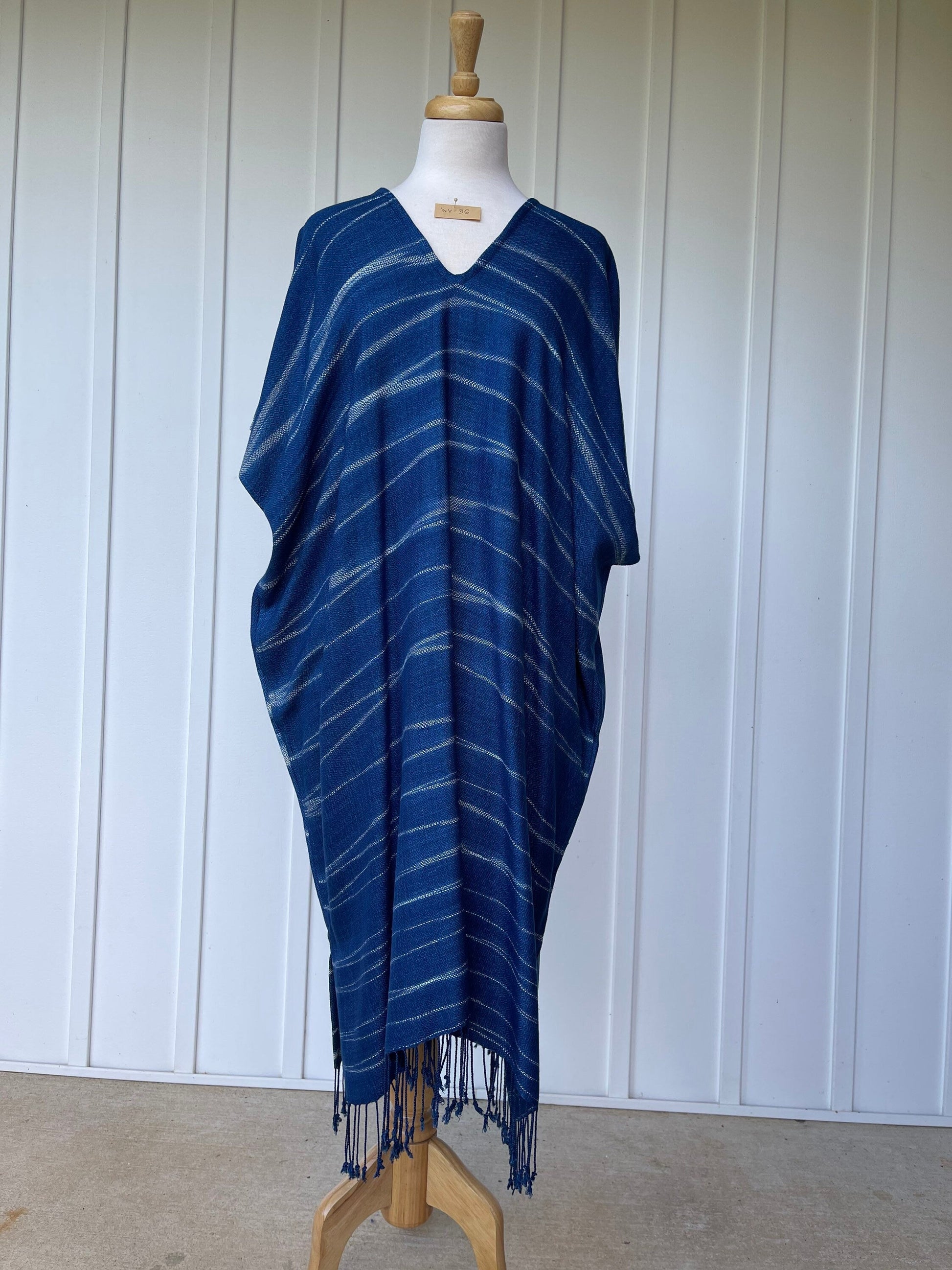 MALA handworks  Ikat Hand Woven Pattern Kaftan in Indigo Blue with White and Organic Dye