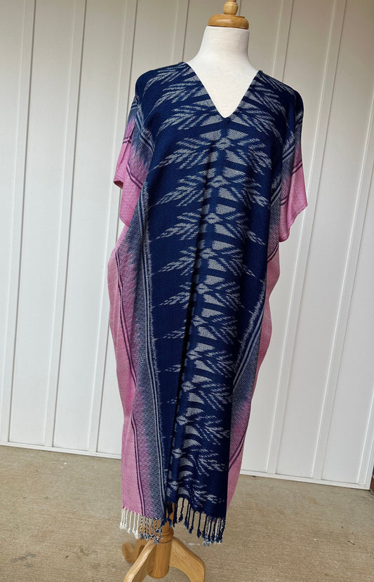 MALA handworks  Ikat Hand Woven Pattern Kaftan in Indigo Blue with White and Organic Dye