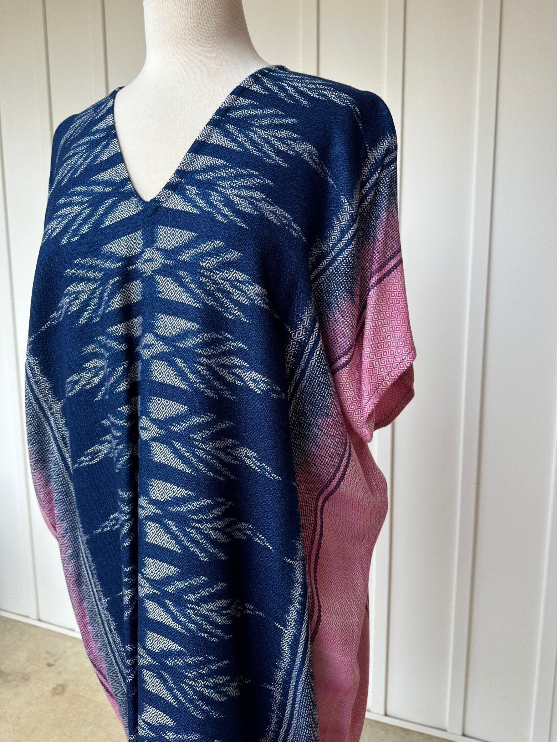 MALA handworks  Ikat Hand Woven Pattern Kaftan in Indigo Blue with White and Organic Dye