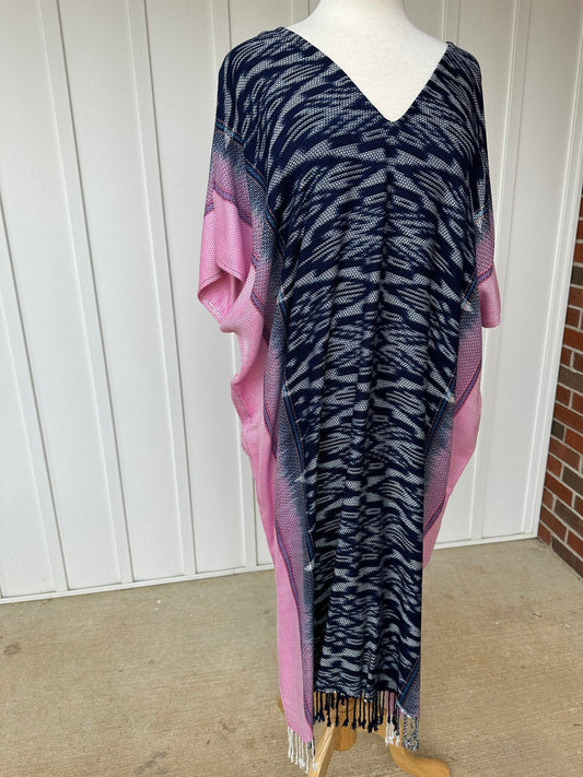 MALA handworks  Ikat Hand Woven Pattern Kaftan in Indigo Blue with White and Organic Dye