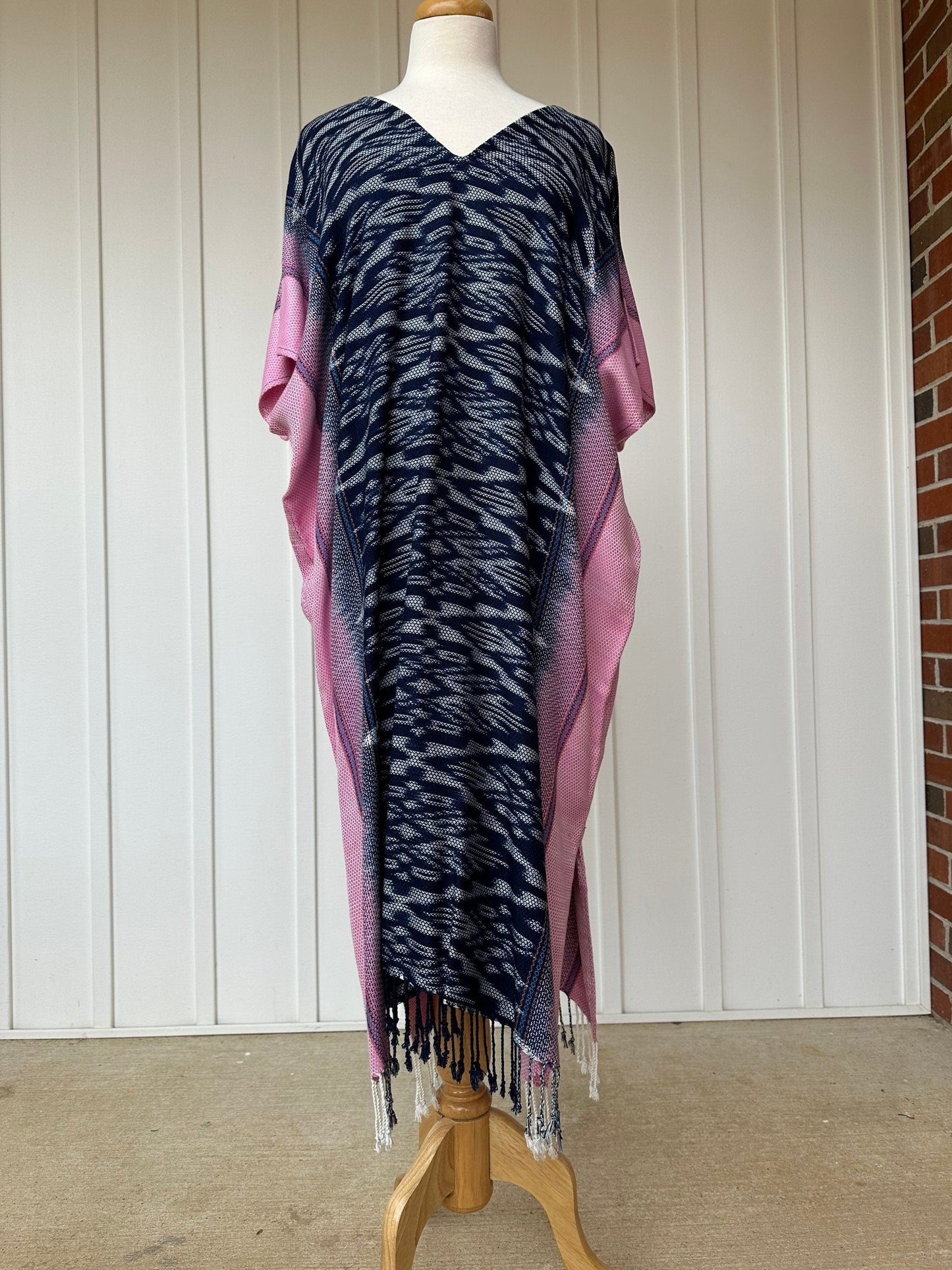 MALA handworks  Ikat Hand Woven Pattern Kaftan in Indigo Blue with White and Organic Dye