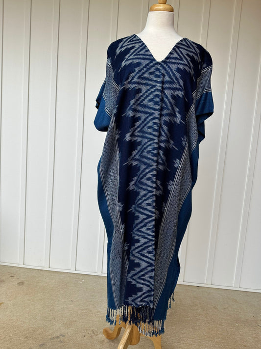 MALA handworks  Ikat Hand Woven Pattern Kaftan in Indigo Blue with White and Organic Dye