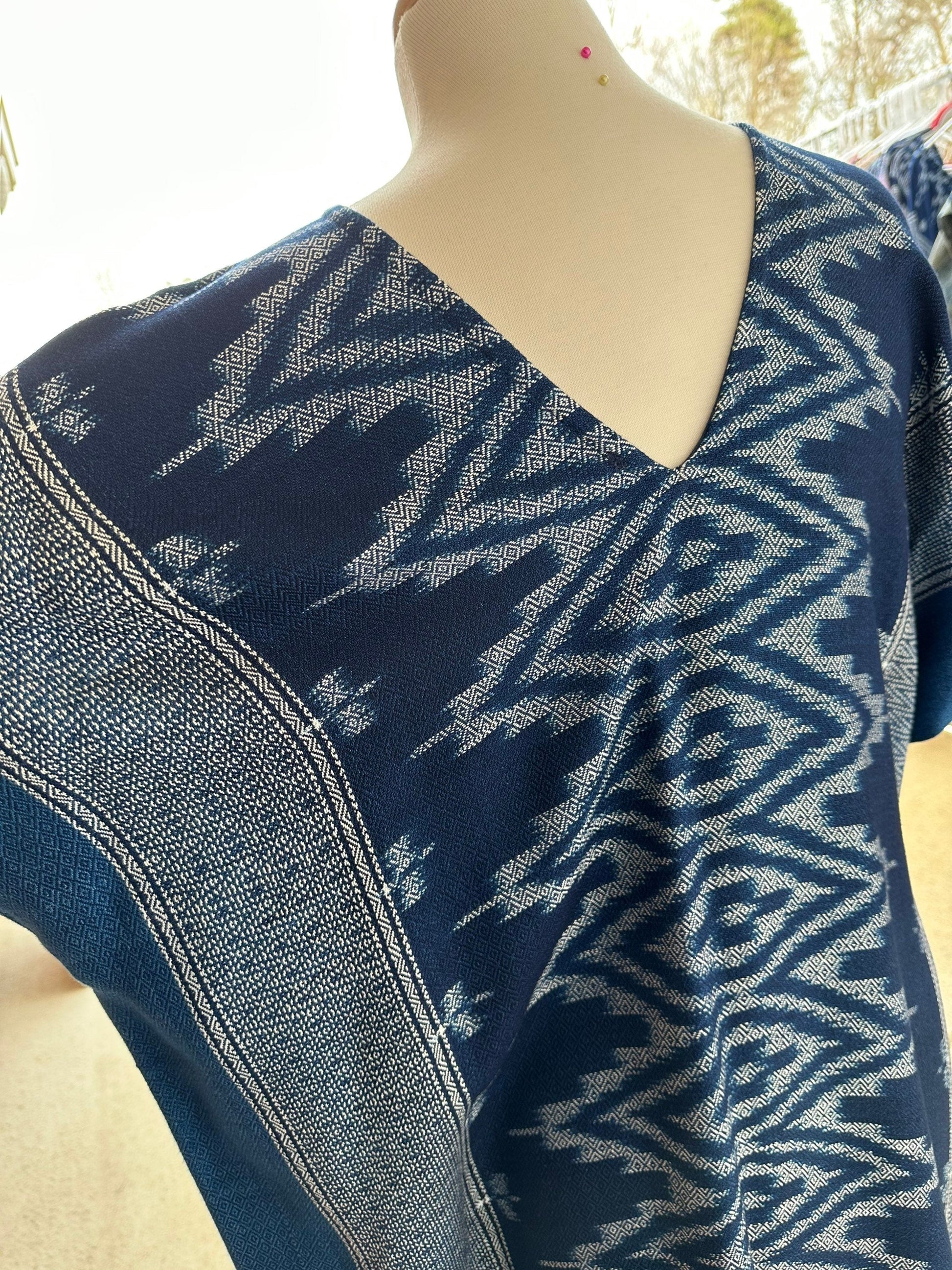 MALA handworks  Ikat Hand Woven Pattern Kaftan in Indigo Blue with White and Organic Dye