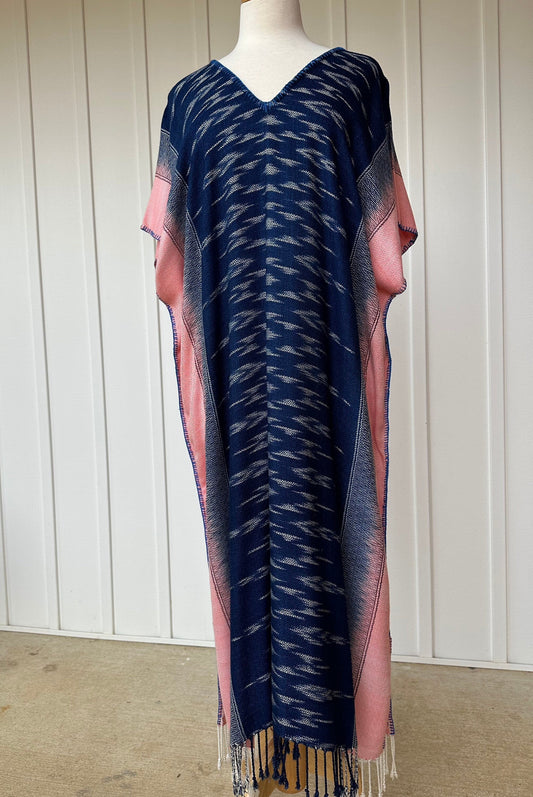 MALA handworks  Ikat Hand Woven Pattern Kaftan in Indigo Blue with White and Organic Dye