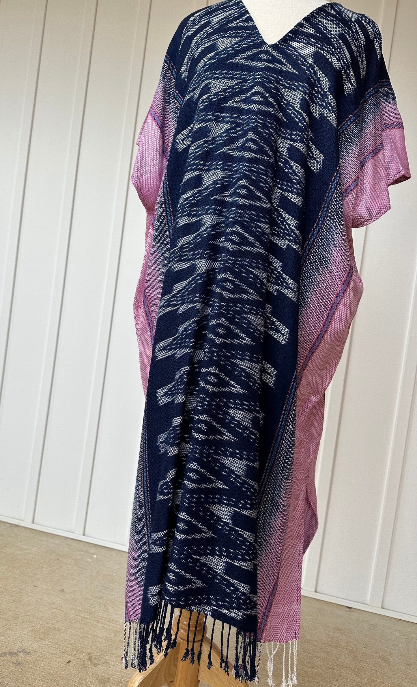 MALA handworks  Ikat Hand Woven Pattern Kaftan in Indigo Blue with White and Organic Dye